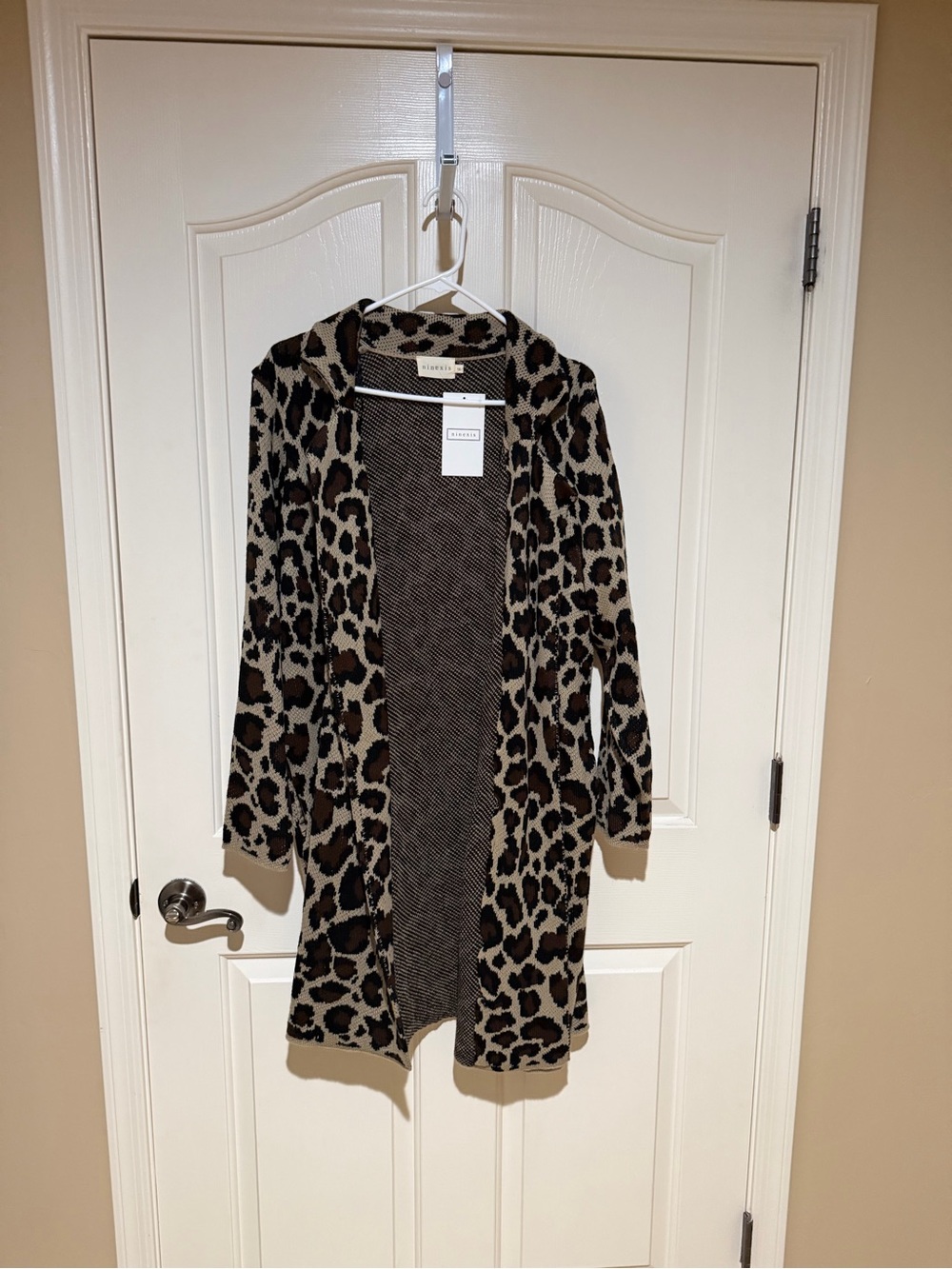 Leopard Hooded Open-Front Cardigan in Taupe and Brown